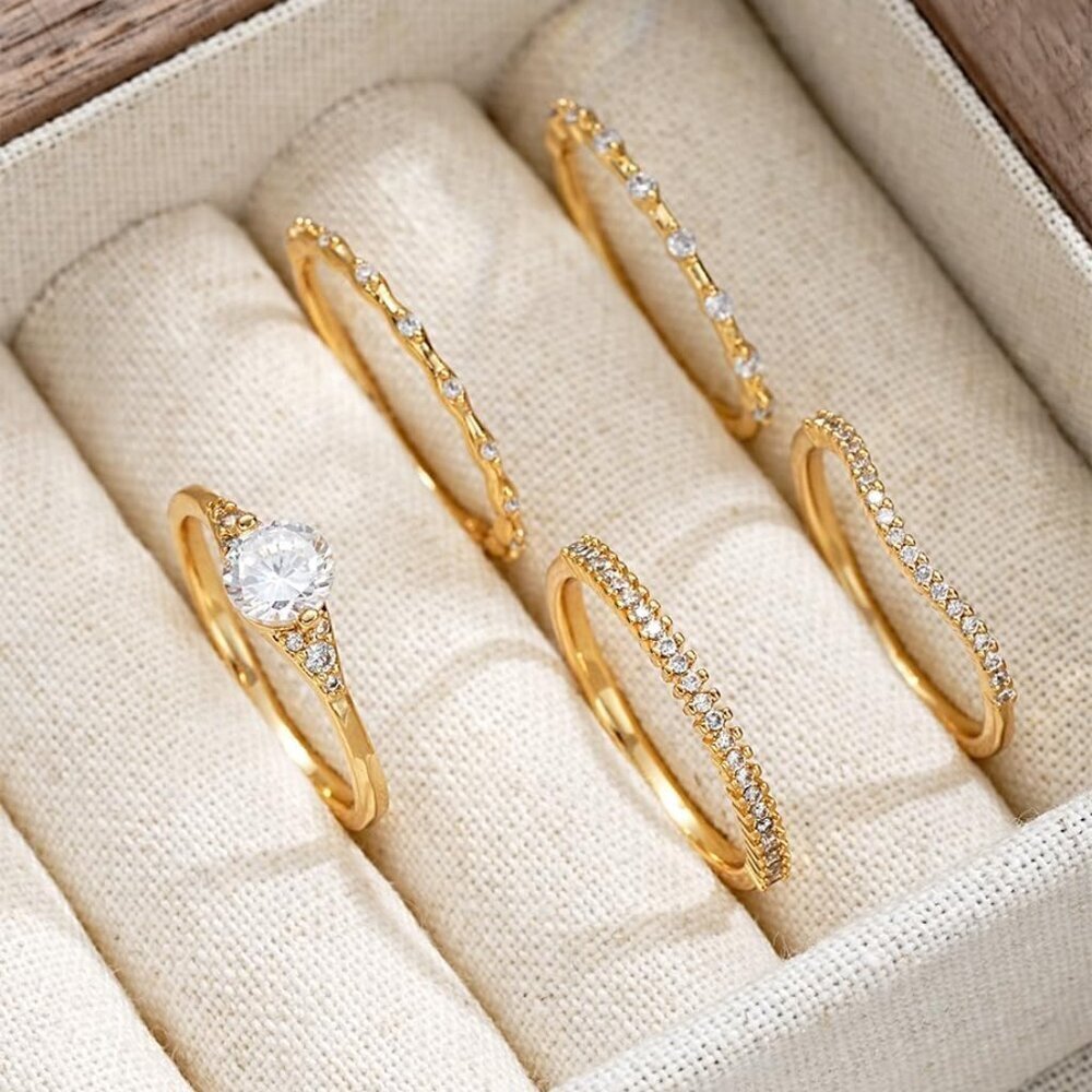 Gold Rings for Women Non Tarnish, Dainty 14K Gold Plated Stackable Cubic Zirconi - Picture 7 of 8